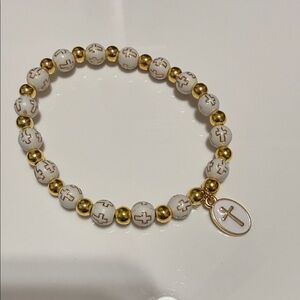 Gold and White Beaded Bracelet with Cross Charm